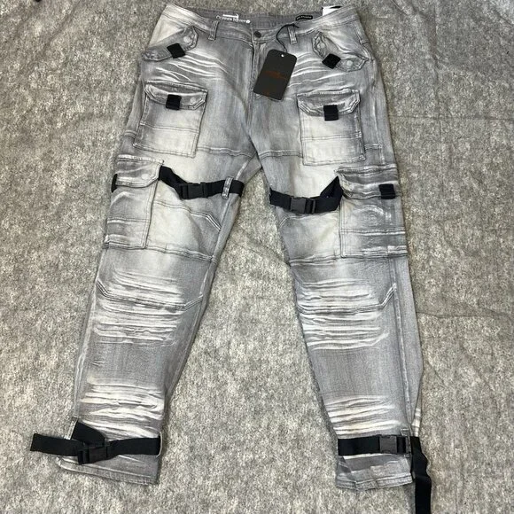 Copper Rivet Relaxed Fit Cargo Utility Pants 42x32 Gray Buckle Strap Moto Street